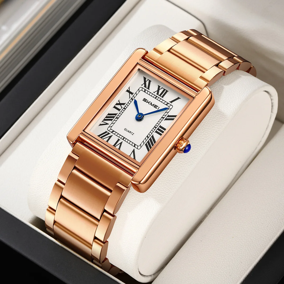 Retro Square Women's Quartz Watch with Roman Numerals Steel Band Waterproof and Pin Buckle Wristwatch