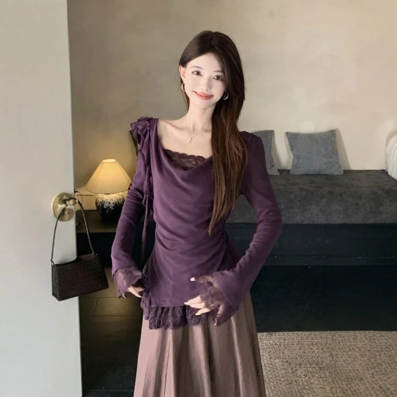 

Женская футболка Pure Desire с фиолетовым кружевом и длинными рукавами, осенняя элегантная блузка с вырезом на талии, корейский стиль, приталенный крой, хлопок