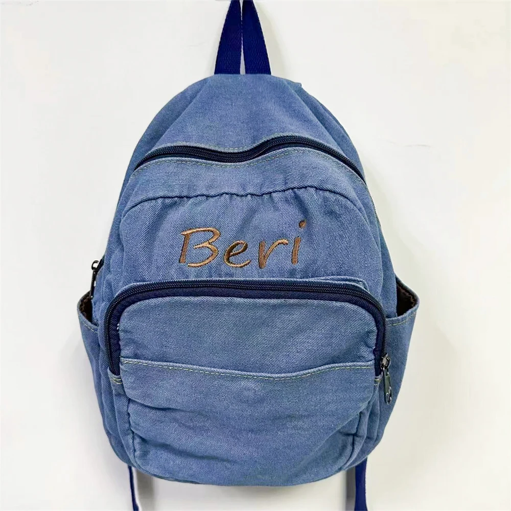 

Denim Canvas Backpack Embroidered Any Name Gift Bag Personalized Name Denim Leisure Backpack Custom Names in Various Language