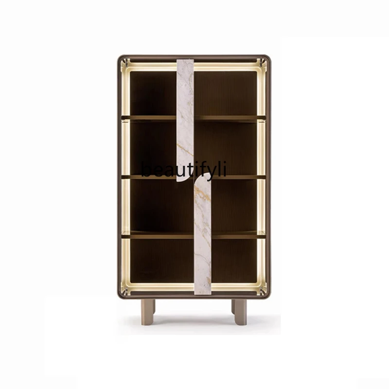 Italian Minimalist Glass Door Wine Cabinet Paint Wall Display Cabinet Solid Wood Living Room Storage Tea Cabinet