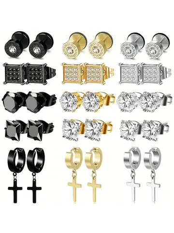 3-15 Pairs Stainless Steel Earrings Cross Dangle Hinged Earrings, Cubic Zirconia Stud Earrings For Men, Ear Piercing Jewelry