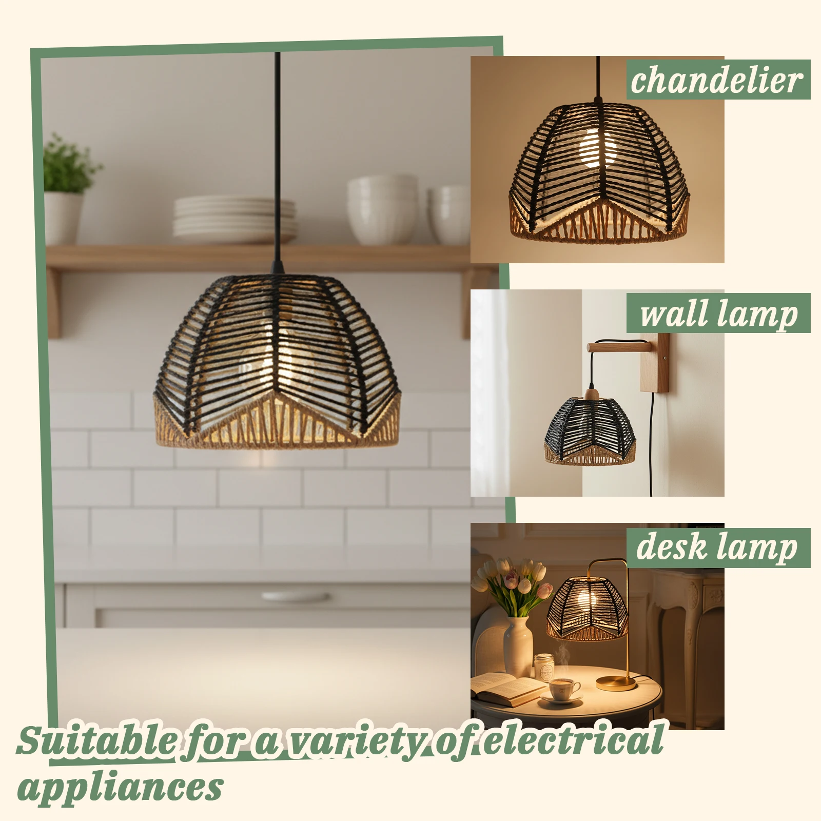 Bohemian Lamp Shade, Half Dome Woven Rattan for Pendant Wall Table Lamp Decor