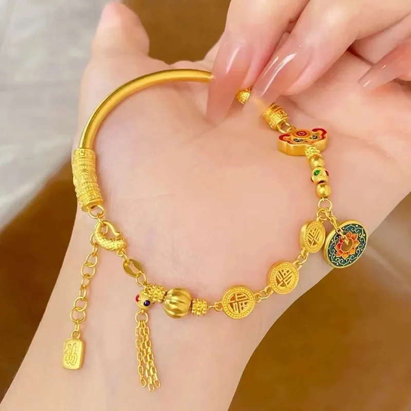 9999 24K Real Gold Treasure Flower Half Bracelet Bracelet Enamel Burning Blue Bracelet Accessories Retro Brand Pumpkin Jewelry