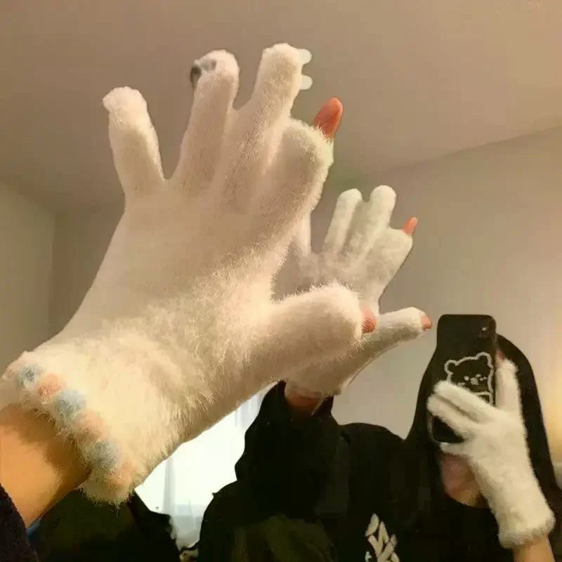 Cute Open Finger Touch Screen Plush Five Finger Gloves For Women In Winter, Warm And Thick Velvet For Cycling Students