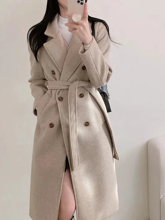 

Winter Vintage Luxury Tailored Coat Double Breasted Suit Collar Mid-Length Women's Outerwear Ele Profional Thiened W...