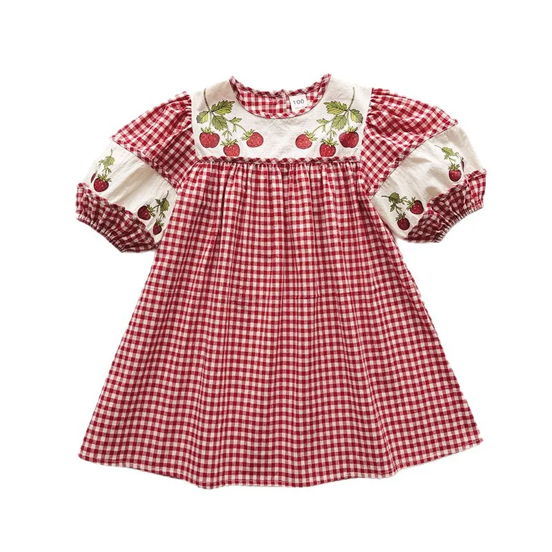 New Arrival Toddler Girl Korean Style Bubble Sleeve Sundress, Fruit Contrast Check Loose Floral Party Dress for 90-140cm