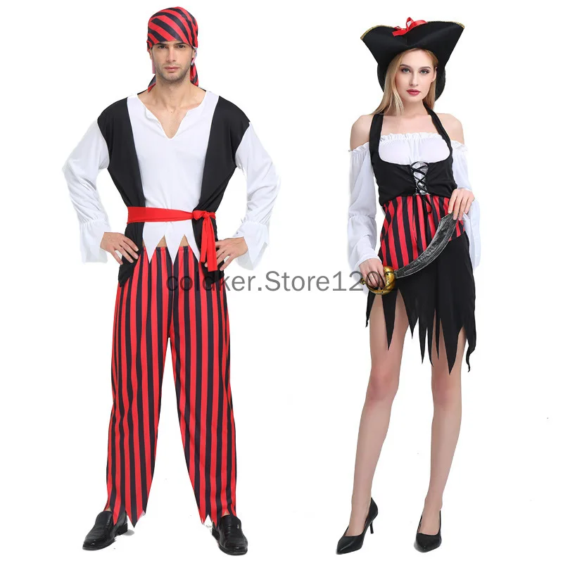 Klassieke Volwassen Caribische Piraat Halloween Kostuum Mannen Vrouwen Rover Cosplay Paar Outfits Carnaval Easter Purim Kostuum