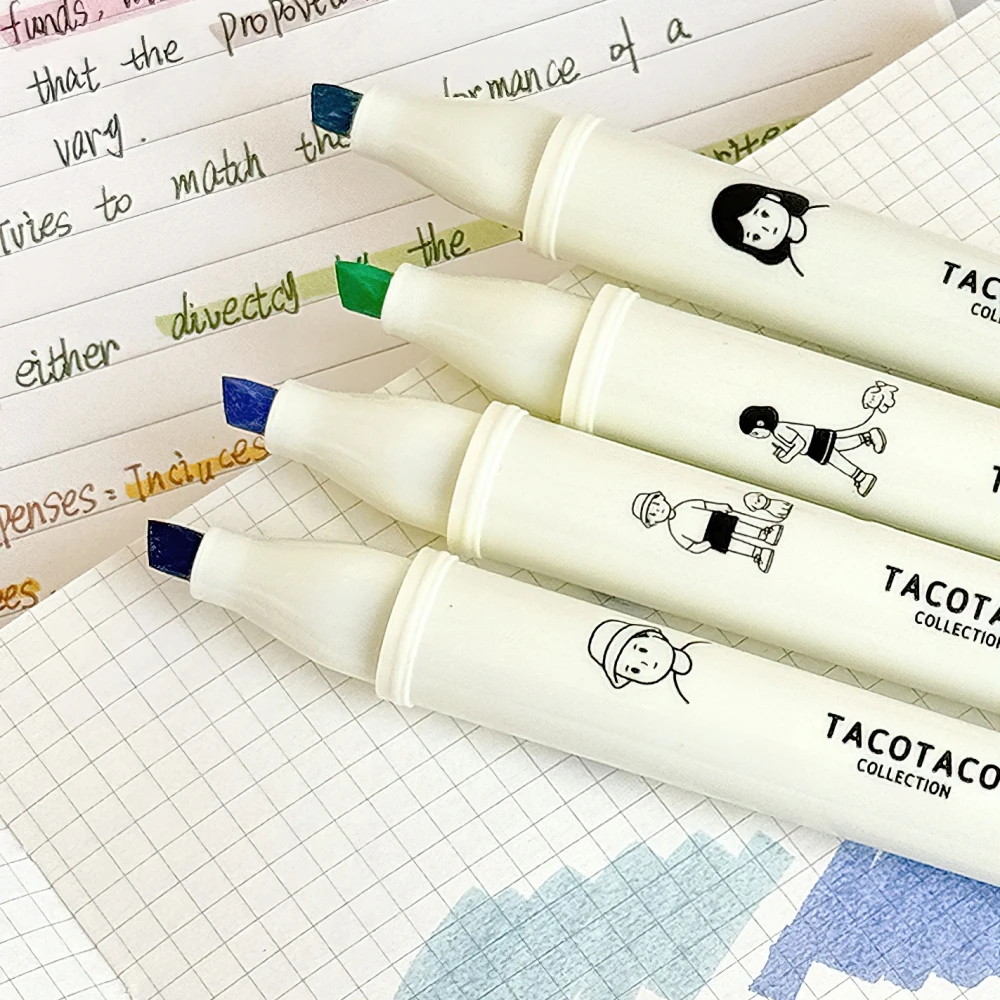 4pcs Tacotaco Color Highlighter Pens Set Cartoon Capped Art Marker for Drawing Painting Office School A7594
