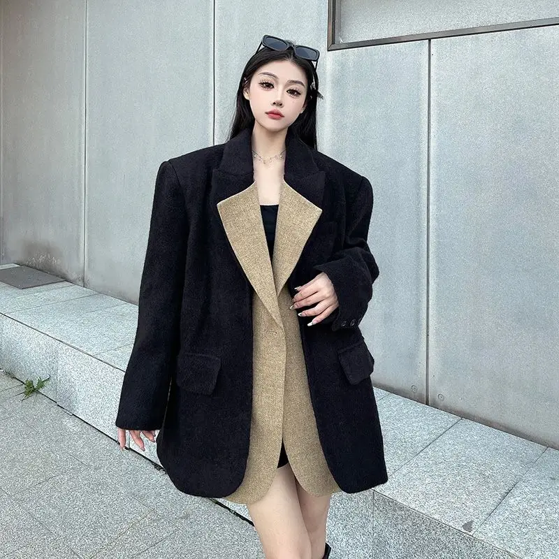 

Black Thickened Woolen Blazer for Women Winter Jacket Color Block Spliced High-end Loose Fit Suit Wool Coat Women Clothing