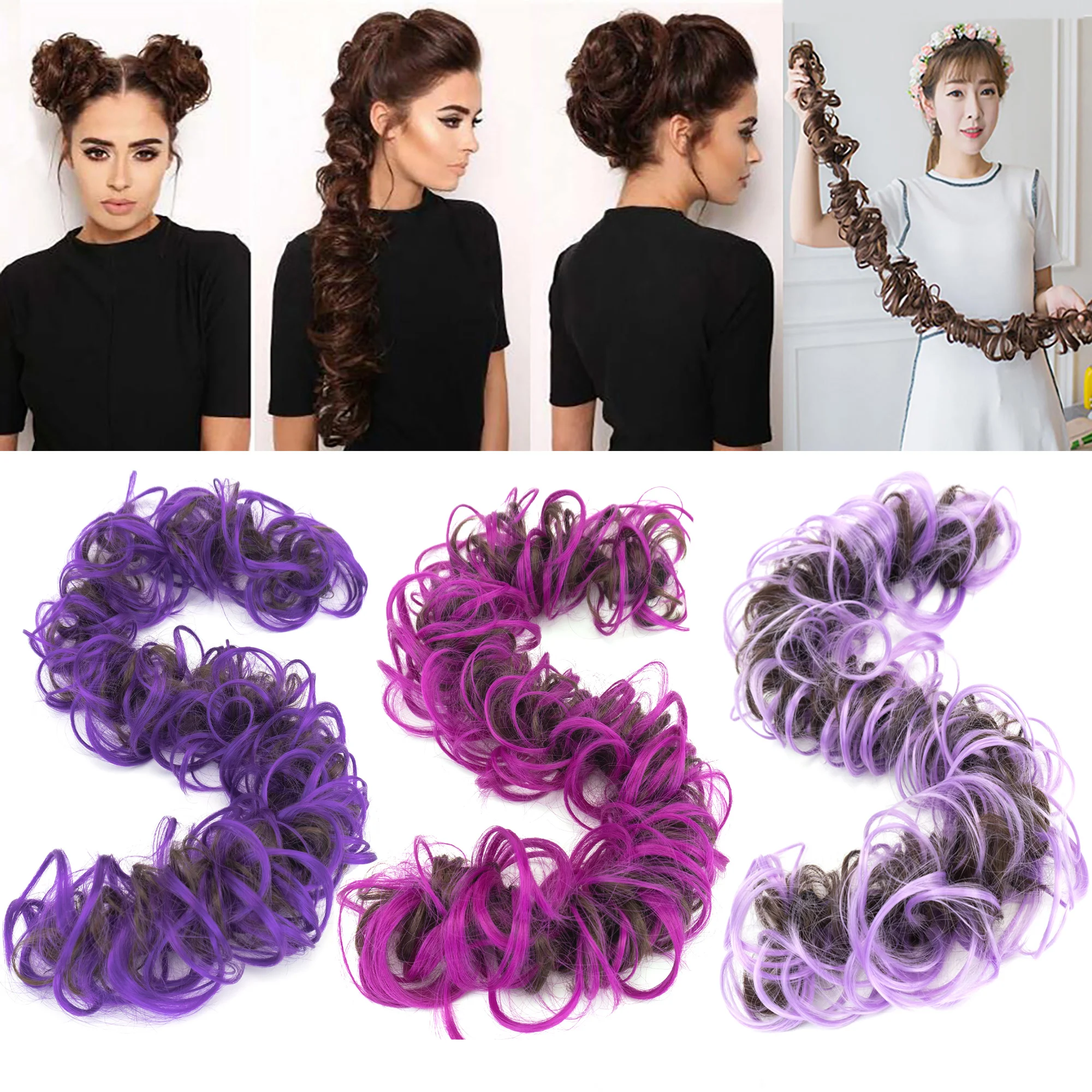 Soowee Long Hairpiece Curly Messy Hair Bun Wrap Scrunchies Elastic Rubber Hair Band Donut Updo Chignon Hair Extension Piece