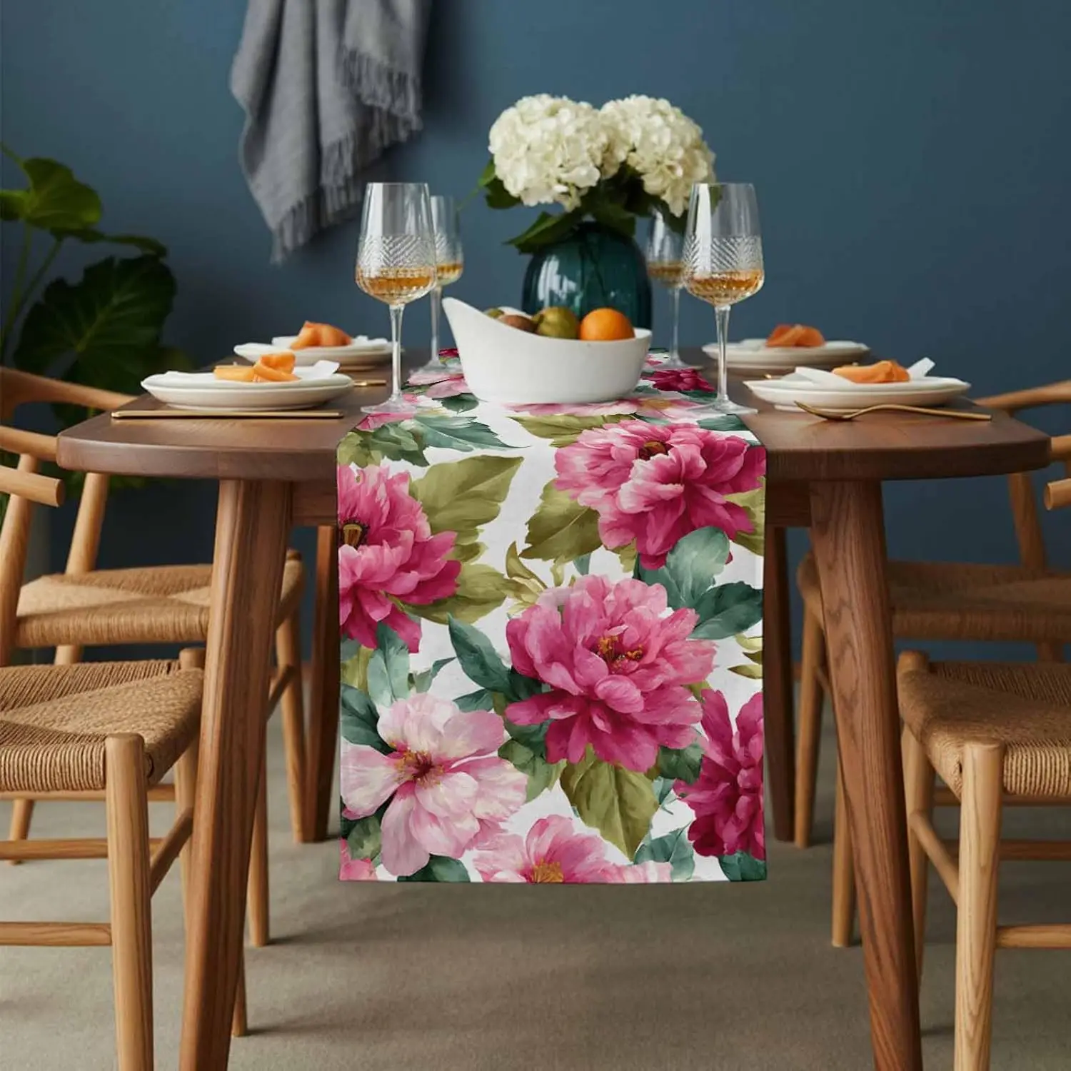 Red Flower Green Leaf Linen Table Runner Party Decor Mother's Day Gift Reusable Kitchen Dining Table Runner Wedding Decorations