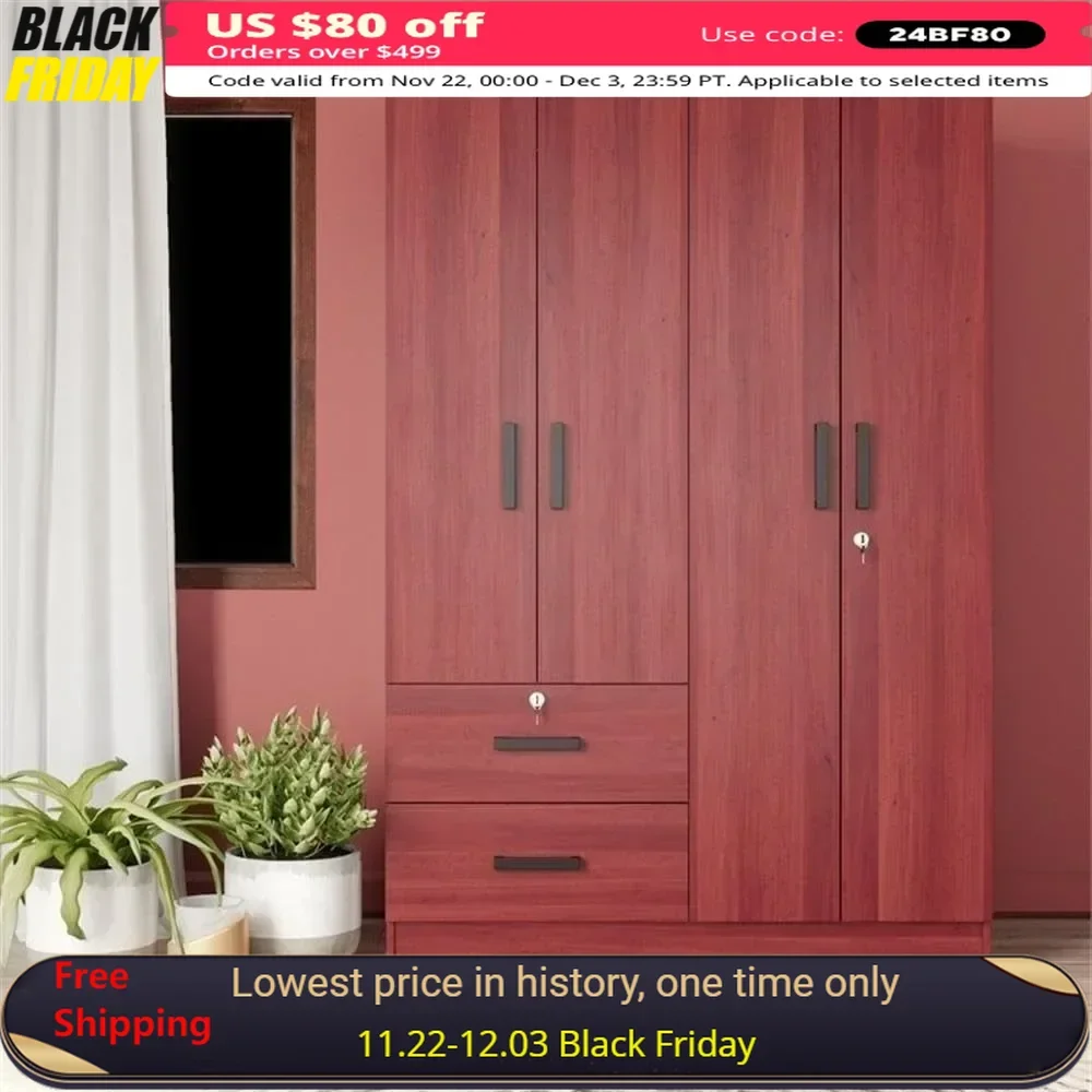 Selected Wardrobe, Modern Wood 4 Doors 2 Drawers Armoire in Mahogany,large Capacity, Suitable for Bedrooms and Offices，Wardrobes