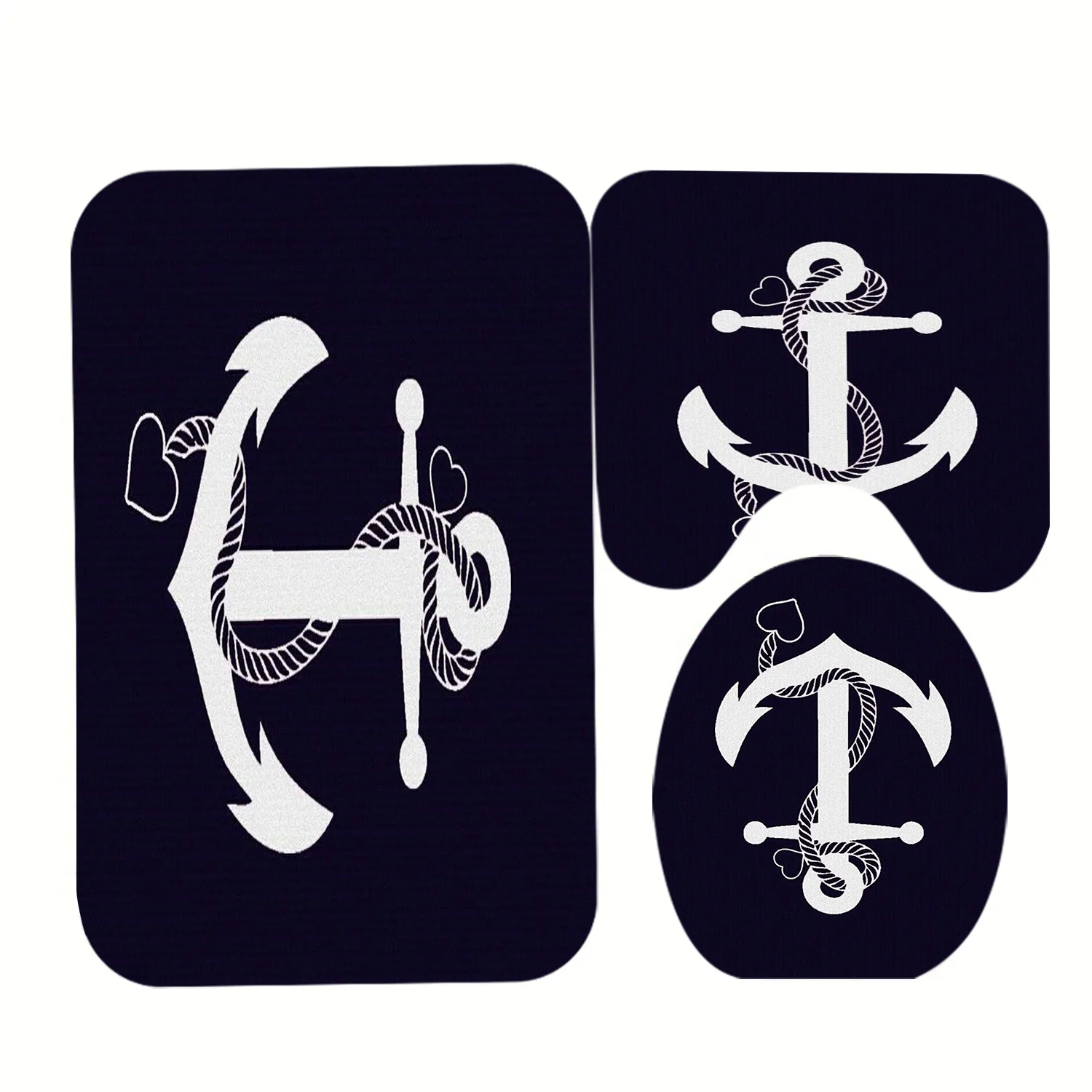 

3pcs Nautical Anchor Bath Mat Set with Toilet Lid Cover + U-Shaped Floor Mat, Non-Slip Flannel Modern Decor for Bathroom