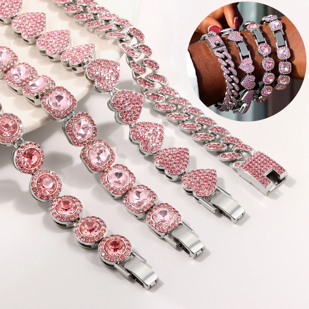 Iced Out Pink Rhinestones Miami Cuban Link Chain Bracelets for Women Heart Tennis Chain Cuban Bracelet Set Jewelry Wholesale