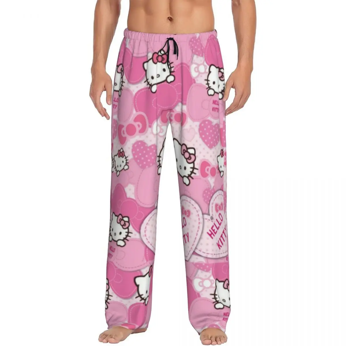 Pantalones de pijama con lazo de Hello Kitty para hombre, ropa de dormir con estampado de dibujos animados de Anime, personalizada, con bolsillos