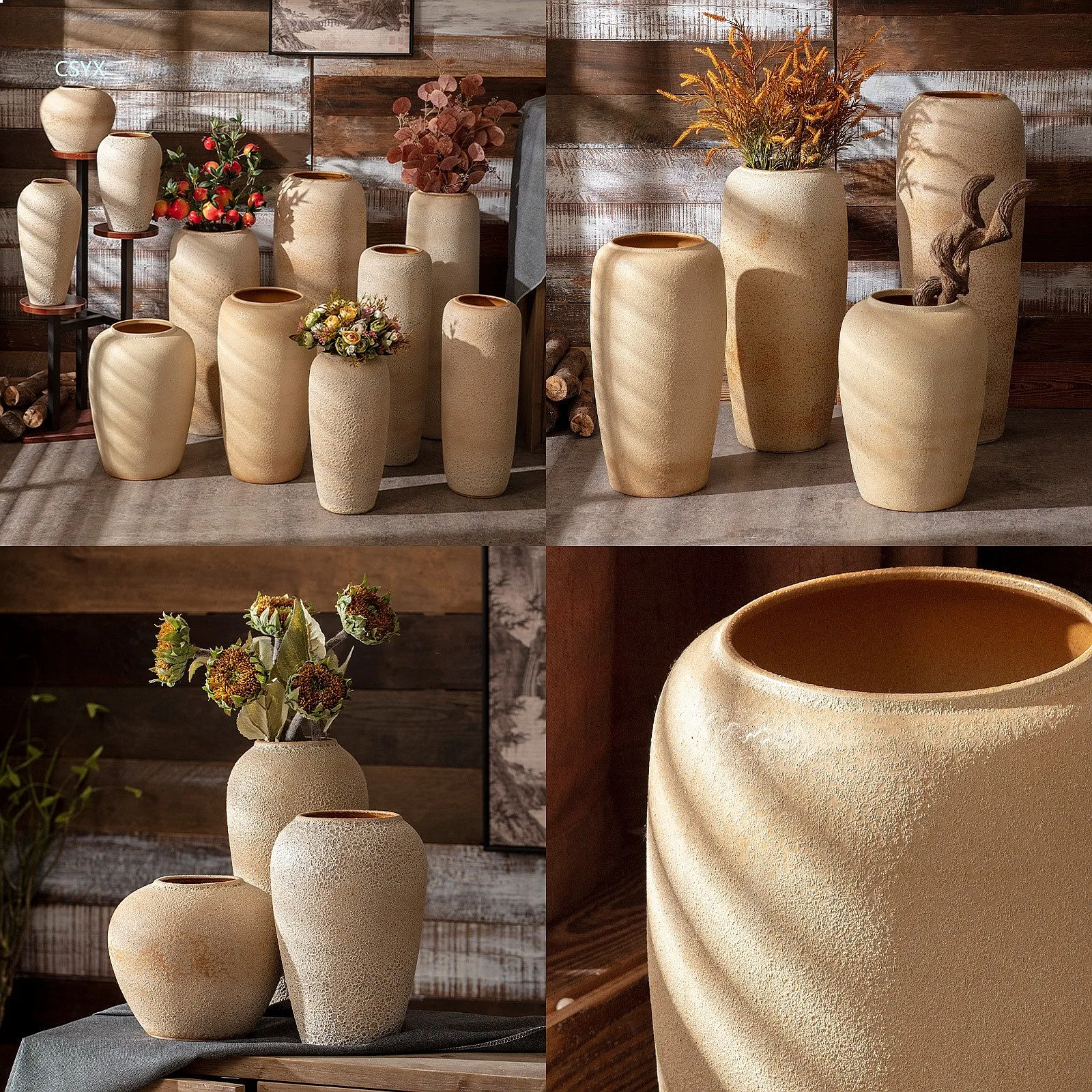 Large Vintage Ceramic Floor Vase Retro Rustic Pottery Decor for Living Room Hotel Feng Shui Ornament