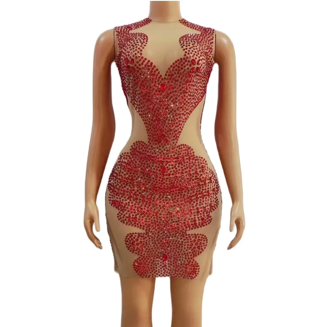 

Red Rhinestone Charming Sleeveless Short Dress Women Sheer Stretch Pageant Singer Stage Wear Retro Night Evening Queen Outfit