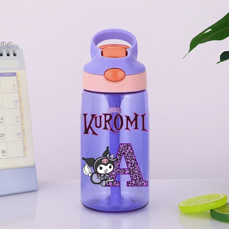 Kuromis Water Bottle with Straw Kids Kawaii Letter A-Z Sippy Cup Children School Outdoor Sports Plastic Mug Girls Birthday Gift