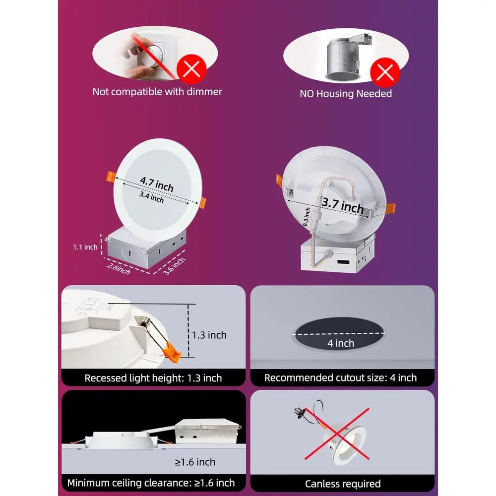 4 Inch LED Recessed Downlights, 10W, APP Controlled, RGB, 2700K-6000K, 100W Equivalent, Bluetooth MESH (6 Packs)