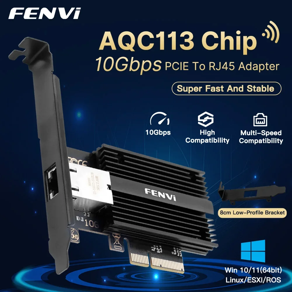 

Сетевая карта fenvi 10 Гбит/с Pcie к RJ45 Марвелл AQC113C 1G/2,5G/5G/10 Гбит/с Интерфейс RJ45 Gigabit Ethernet PCI Express LAN-адаптер