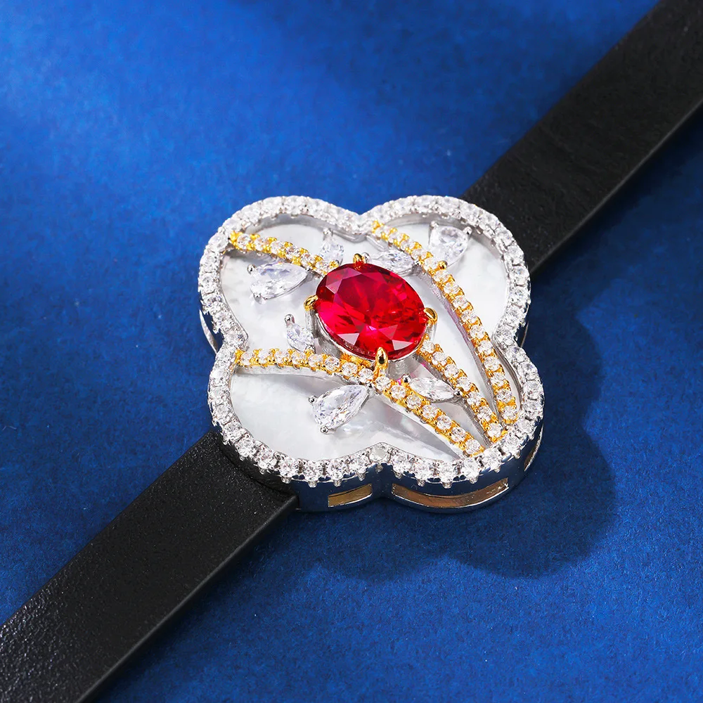 Vintage Sterling Silver 925 Four Leaf Flower Zircon Ruby Bracelet Watch For Women Adjustable Cowhide Bracelet Precision Jewelry