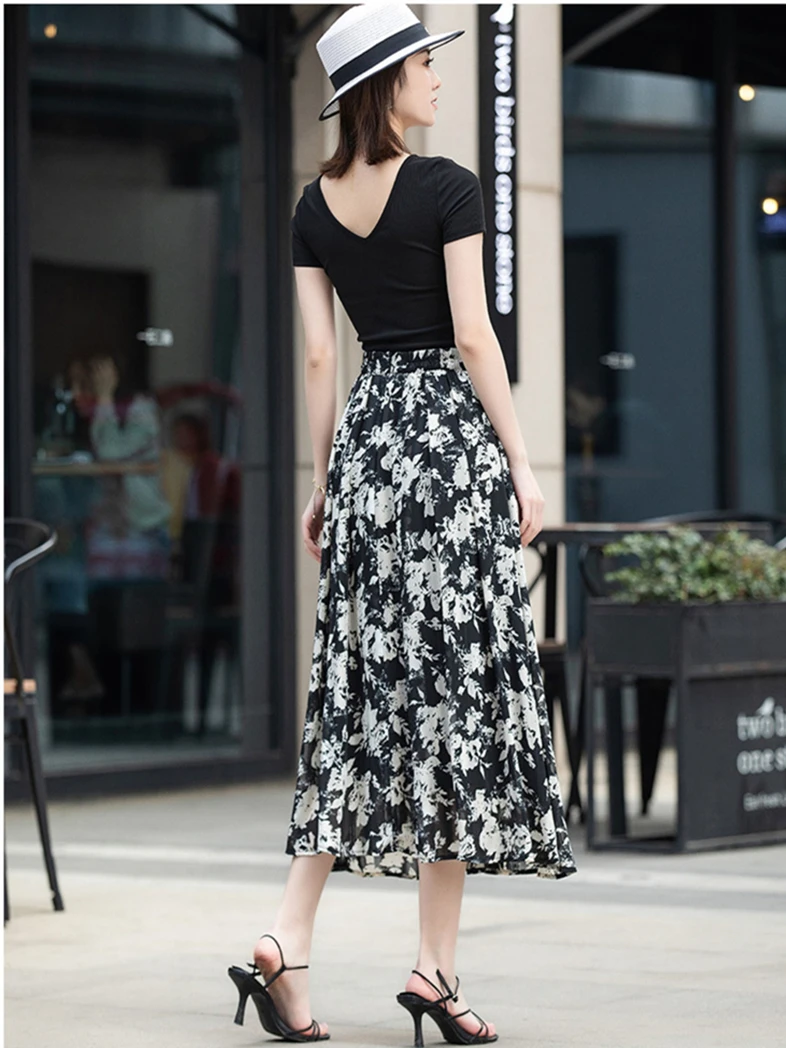 صيف جديد 2026 تنانير شيفون بناتي متوسطة الطول بخصر مطاطي عتيق مطبوعة على شكل حرف a خفيفة الوزن ومزاجية أنيقة #3