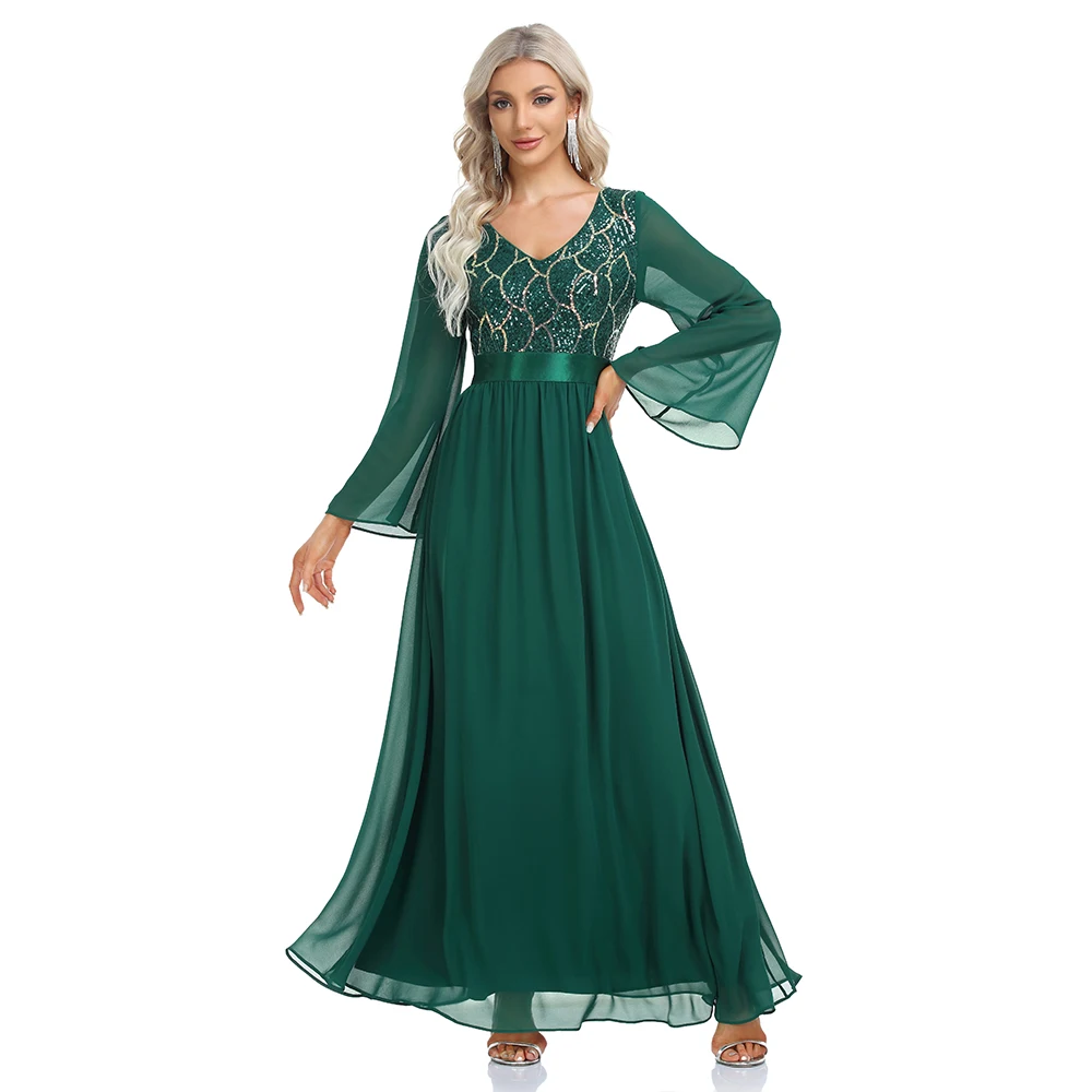 Plus Size Women Elegant V-neck Long Sleeve Sequin Evening Dress A-Line Chiffon Wedding Party Gown For Bridesmaid 2022 New Gown