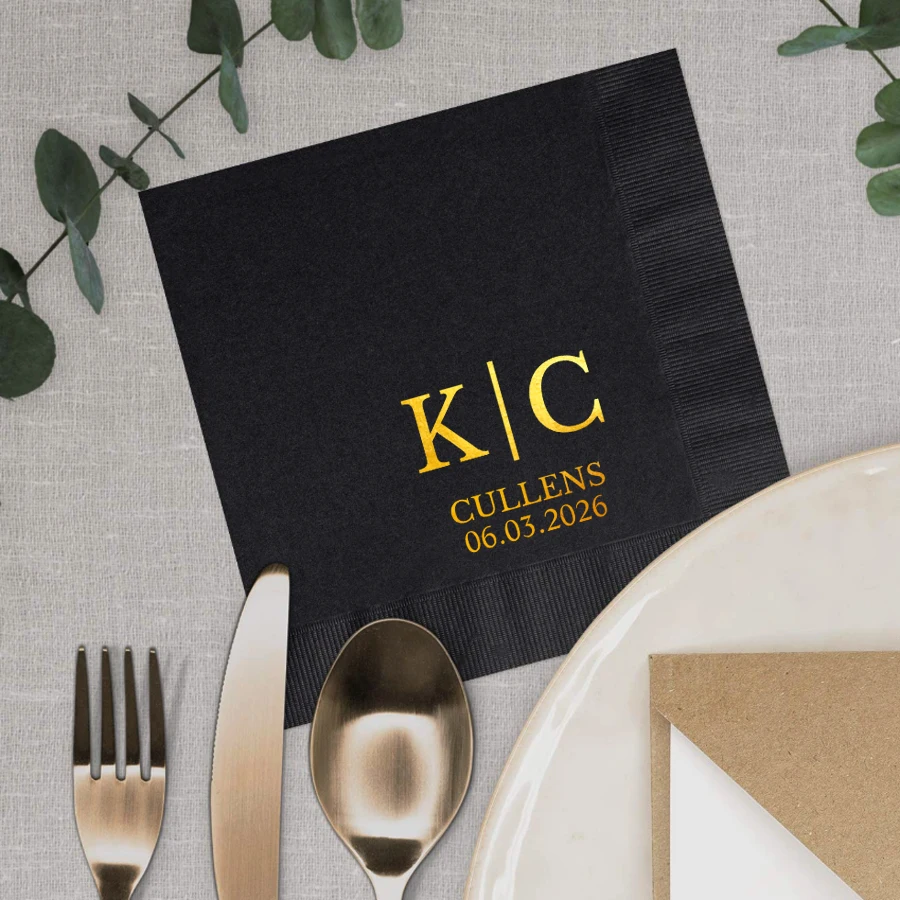 

Personalized Black Napkins, Custom Cocktail Napkins Disposable Paper Napkins, Gold Foil Text Black Paper Napkins Wedding Napkins