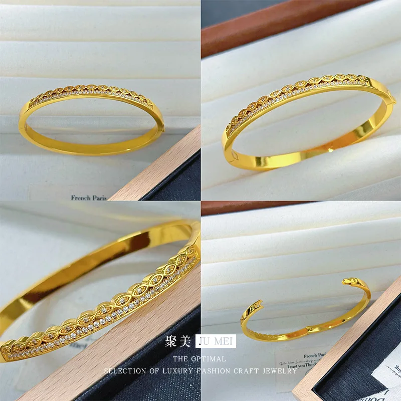 Light Luxury 9999 24K Real Gold Fashionable Personalized Small Diamond Drawing Zircon Clamping Bracelet 18K Women's Bracelet
