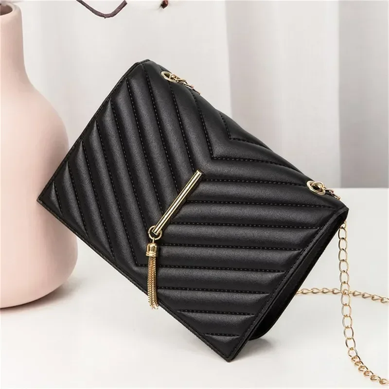 New Women PU Leather Trend Lingge Crossbody Bag Fashion V Pattern Lattice Small Shoulder Bag Black White Travel Crossbody Bags