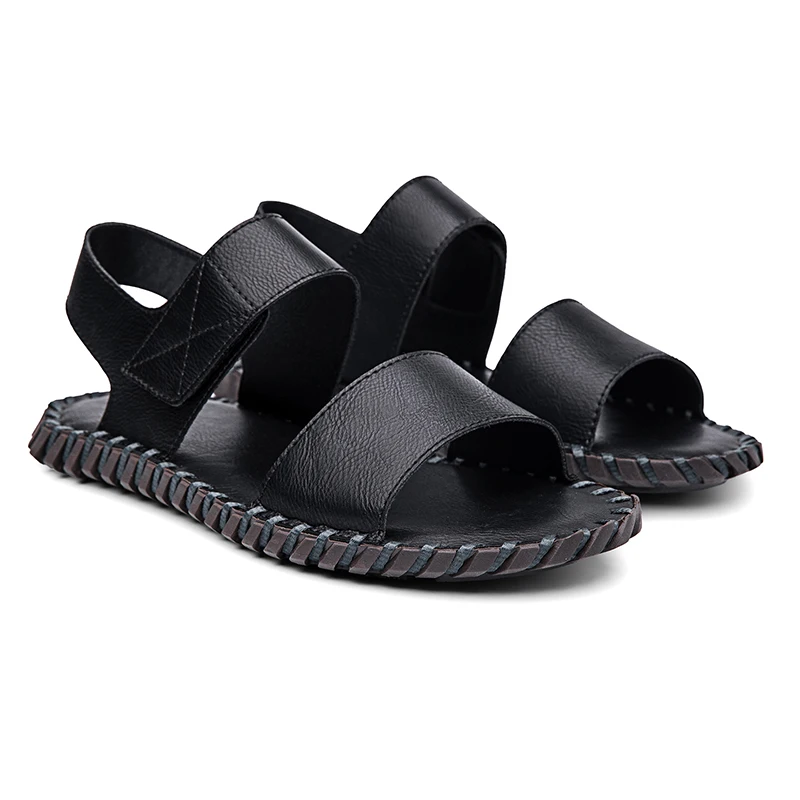 Men Artificial Leather Sandals Adjustable Strap Open Toe Casual Summer Walking Sandals Hand Stitched Non Slip Flat Beach Sandals