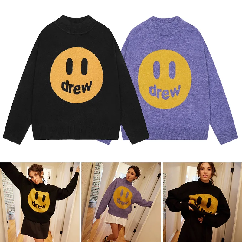 

Drew House Smiley High-Neck Sweater Niche Fashion Label Jacquard Loose-Fit Unisex Long-Sleeve Crewneck Top