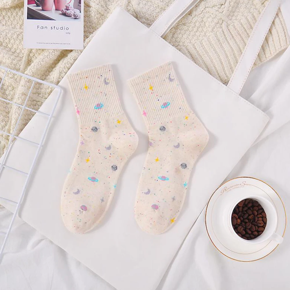 Women Socks Universe Starry Sky Sports Socks Love Candy Color Comfortable Cotton Stars Moon Creative Harajuku Cute Funny Socks