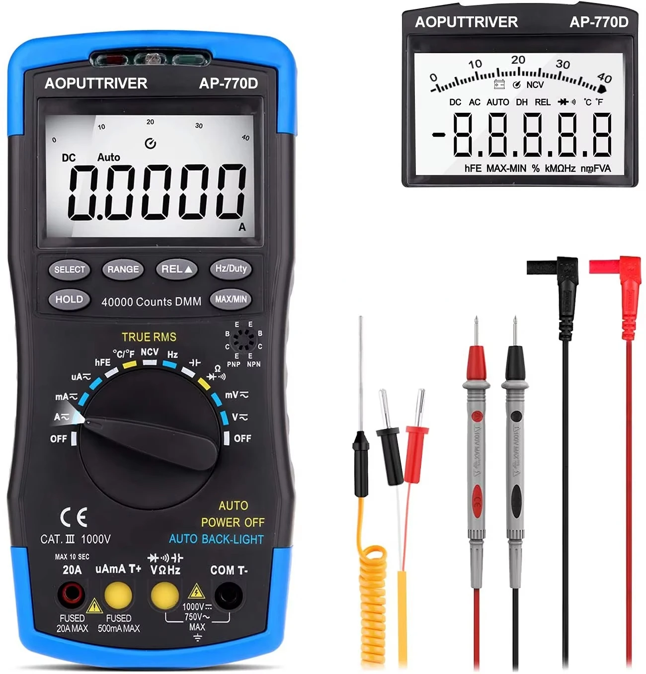 HP-770D True RMS Multimeter 40000 Counts 1000V 20A Auto Range with NCV Temperature hFE Backlight