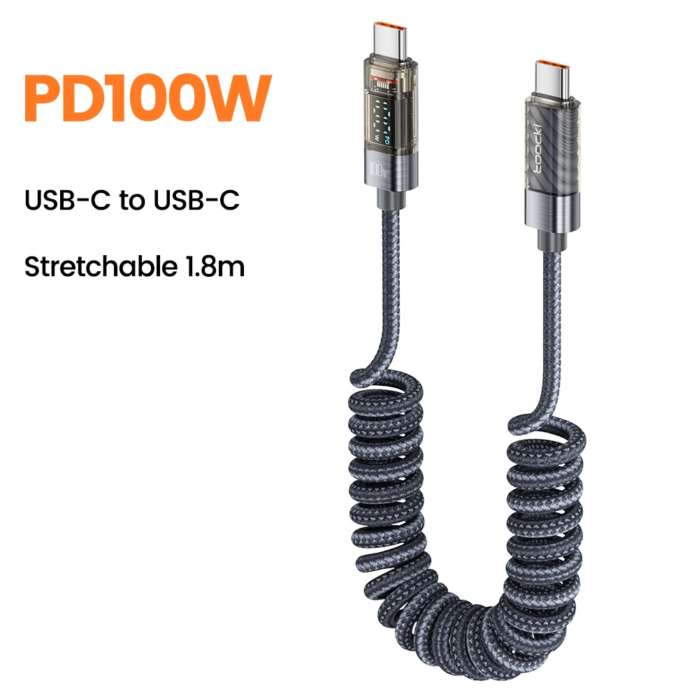 Toocki PD100W USB-C naar USB-C kabel, veerankeringskabel, snelladen, digitaal display voor iPhone 17, 16, 15 Pro, Xiaomi, Samsung, Huawei