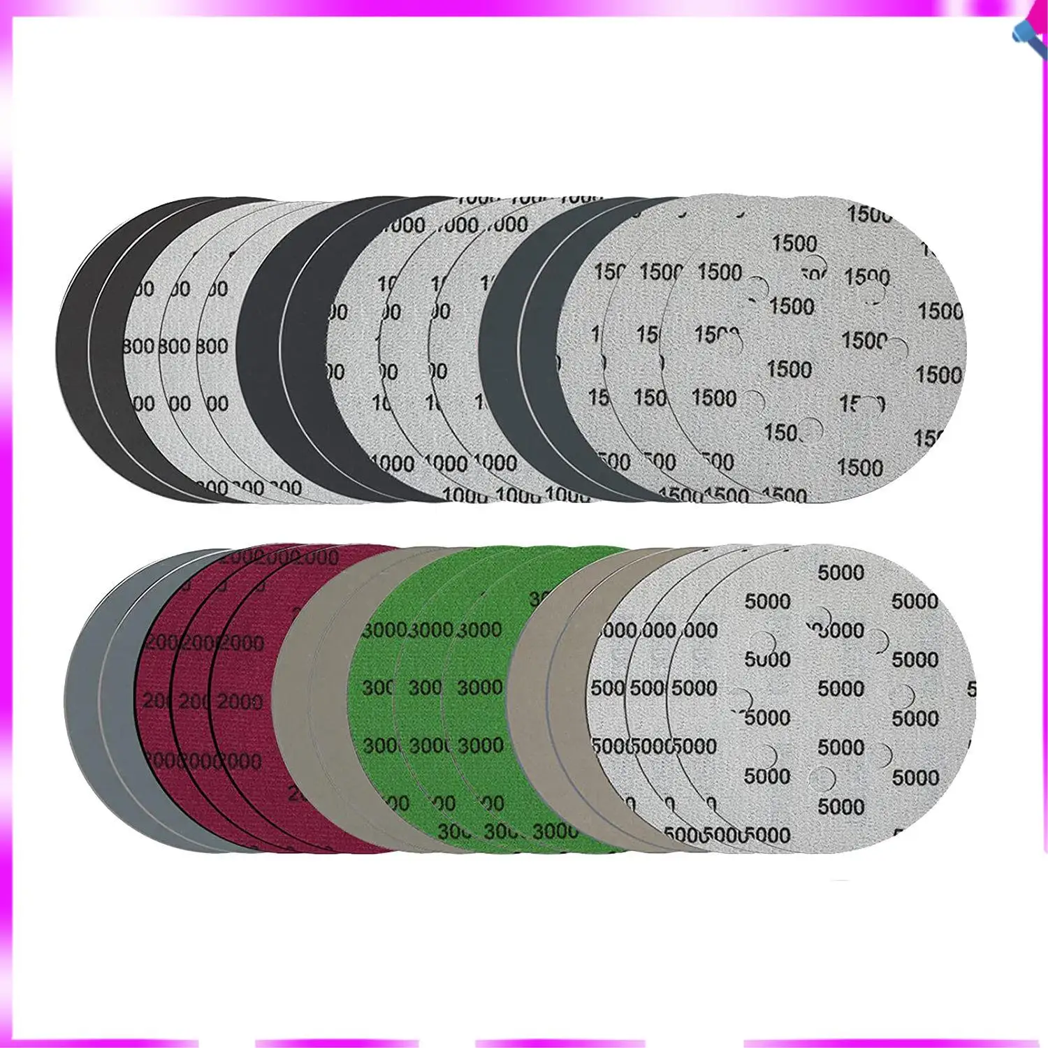 N96r 30 peças conjuntos de discos de lixa de 5 polegadas, gancho e laço 5 polegadas combinação de 8 furos (800/1000/1500/2000/3000/5000) lixa nova