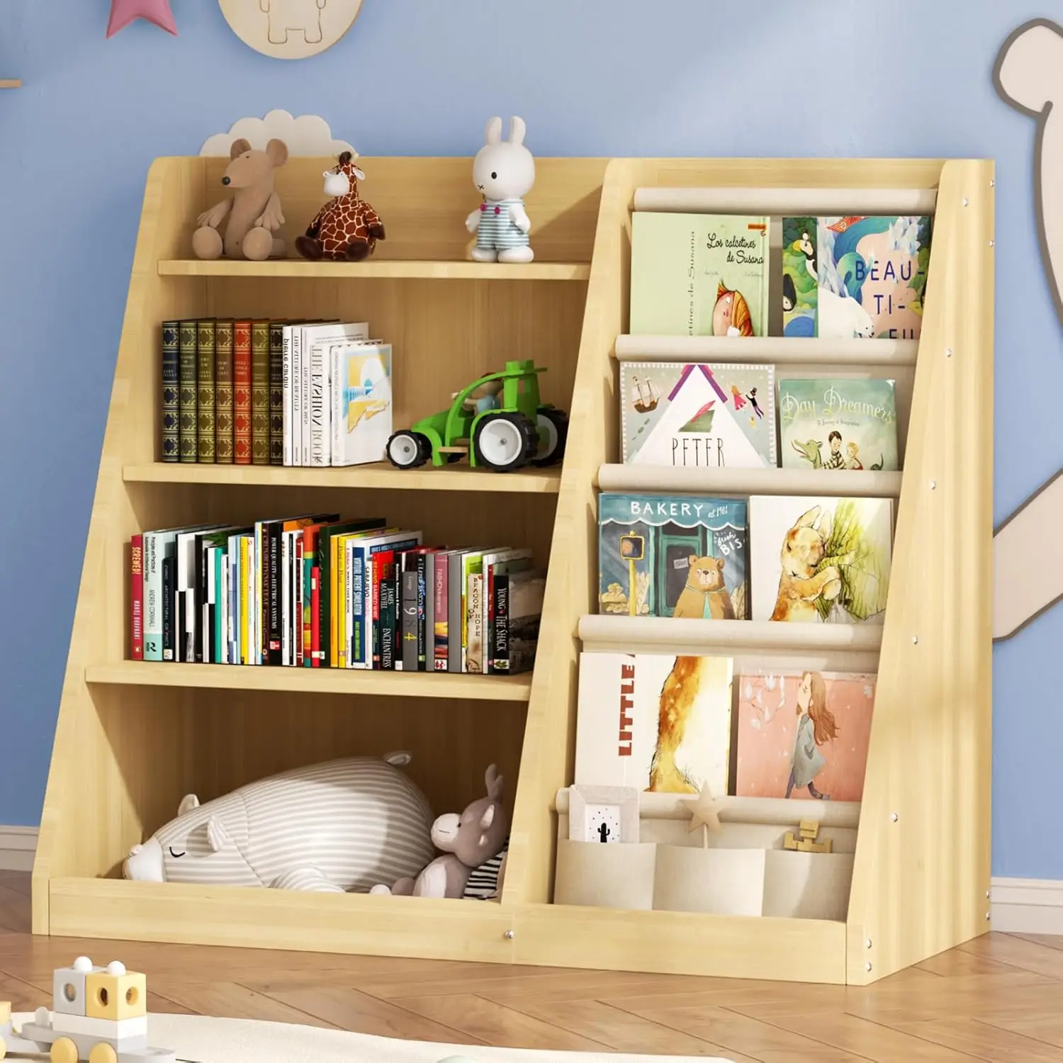 

Kids Bookshelf Toy Storage 4 Tier Wooden Bookcase with Sling Rack for Nursery Playroom