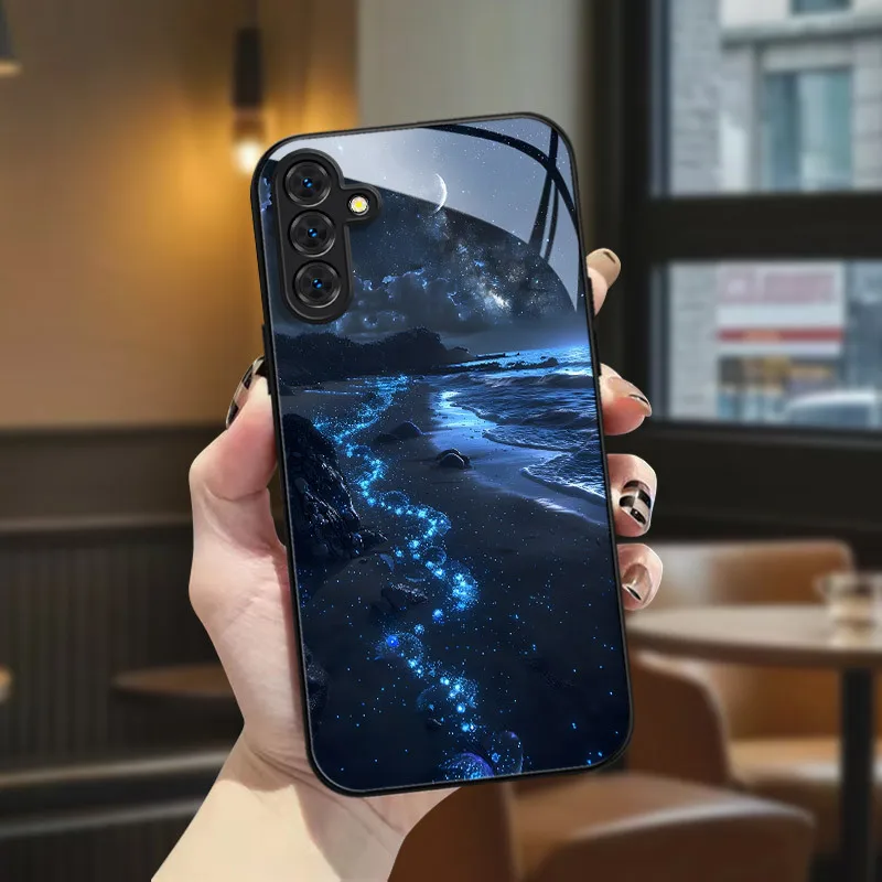 Night light beach pattern glass phone case suitable for Samsung Galaxy S26 S25 S24 S23 S22 S20FE/Ultra/Plus anti fall back cover