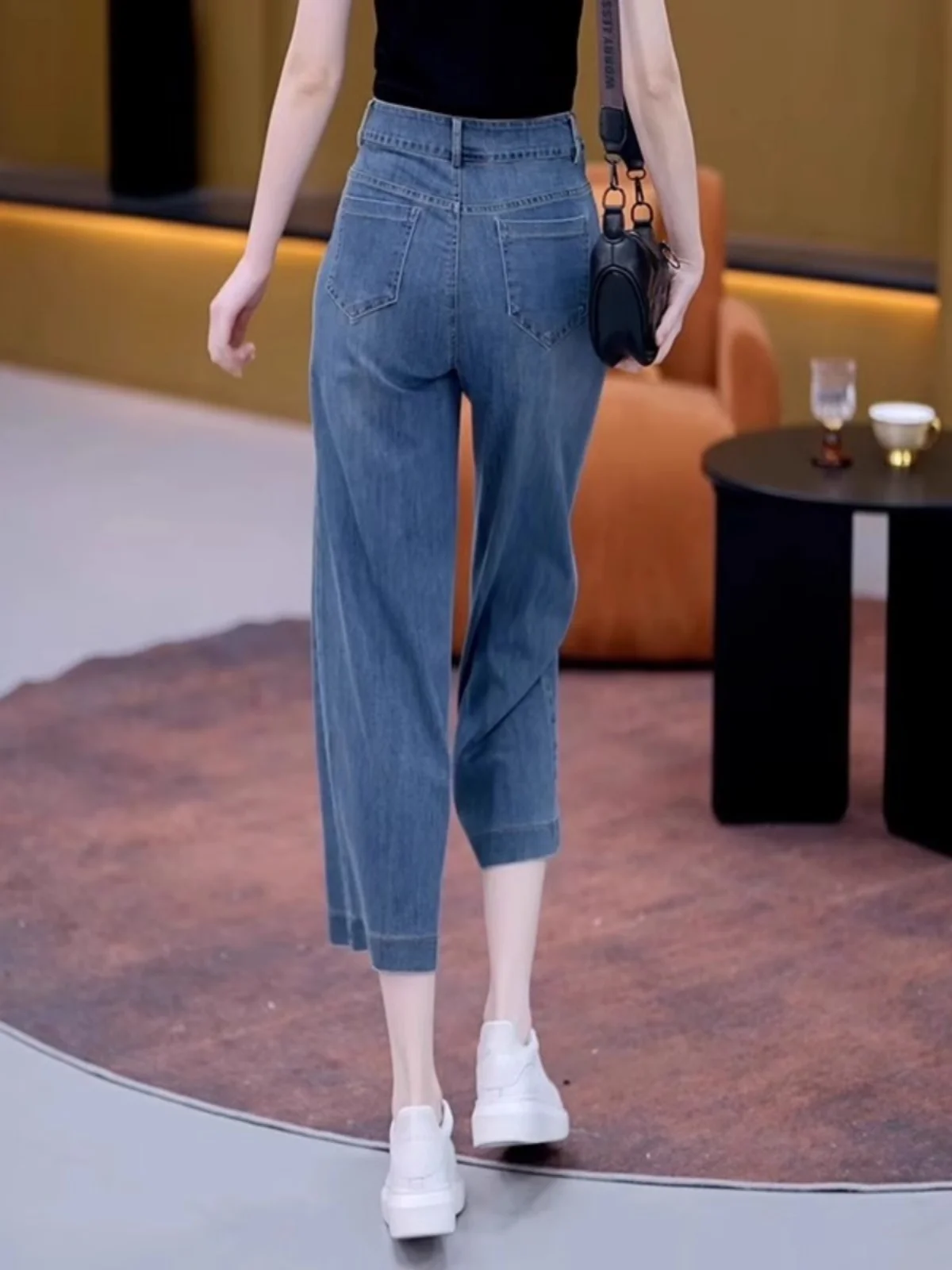 High Waist Wide Leg Jeans Women's Summer Thin New Sle Loose Straight Cut Pants Deep Blue Color Eighteen Length Denim Fabric