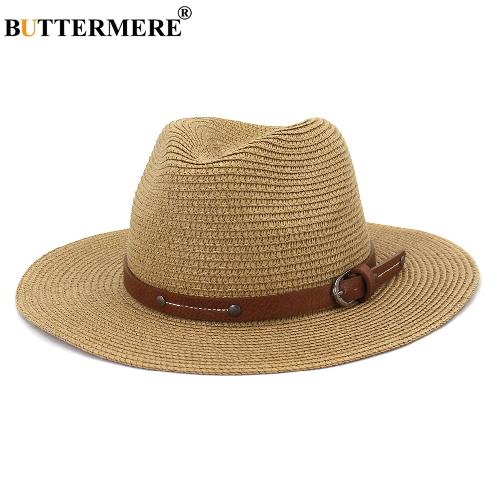 

BUTTERMERE Panama Hat Straw Summer Hats for Women Men Fedora Wide Brim Belt Decorate Male Female Khaki Jazz Sombrero Cap