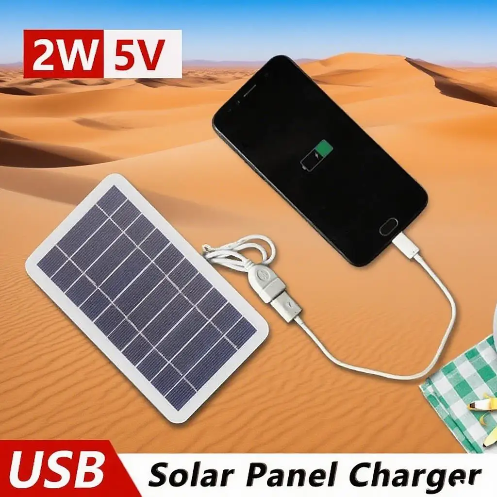 Panel Solar de 2W con cargador de teléfono USB para exteriores, resistente al agua para senderismo y Camping, carga Solar portátil, fuente de alimentación móvil de 5V