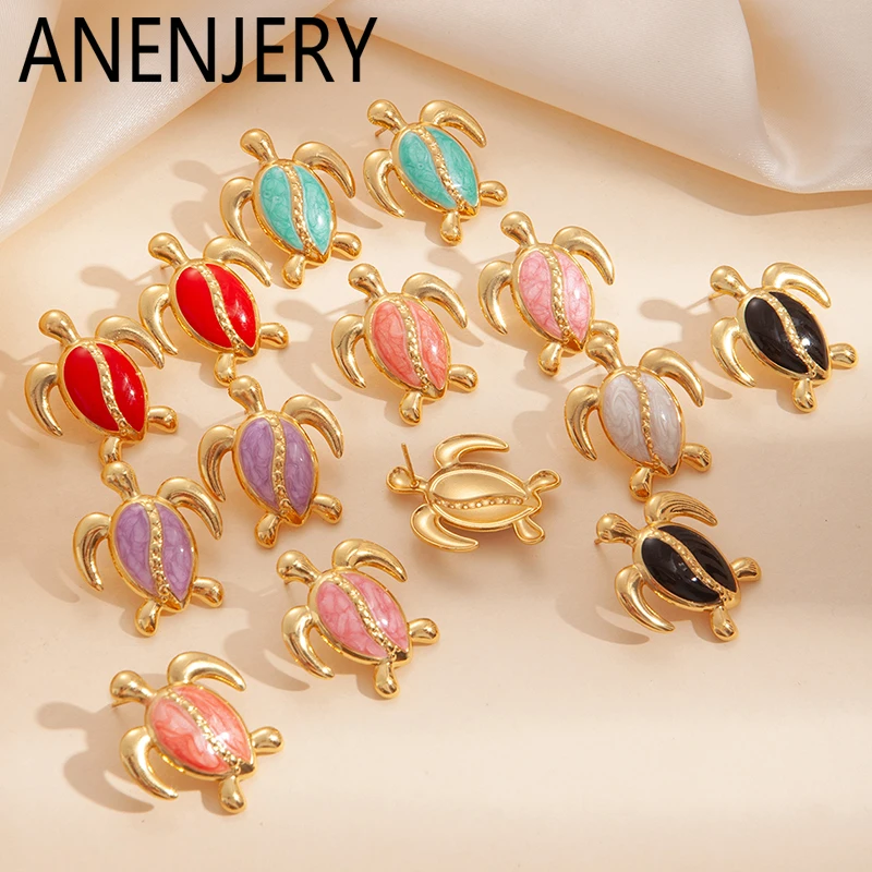 ANENJERY 316L Stainless Steel Colorful Stripes Turtle Earrings For Women Niche Design Unique Cute Jewelry Gifts Wholesale