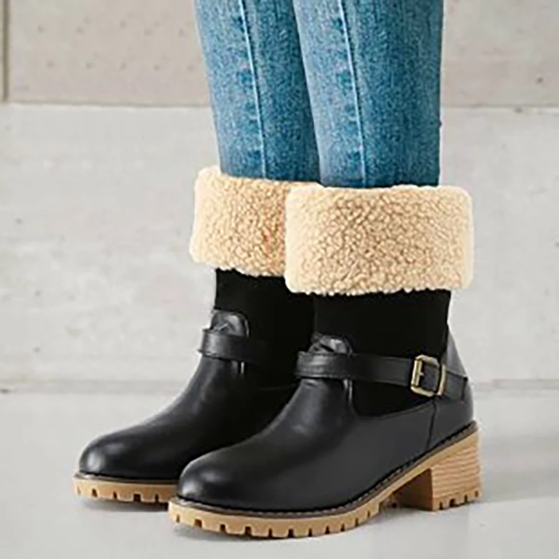 Women's new large size flanged ankle boots Women's round toe belt buckle square heel set foot warm fashion Doc Martens