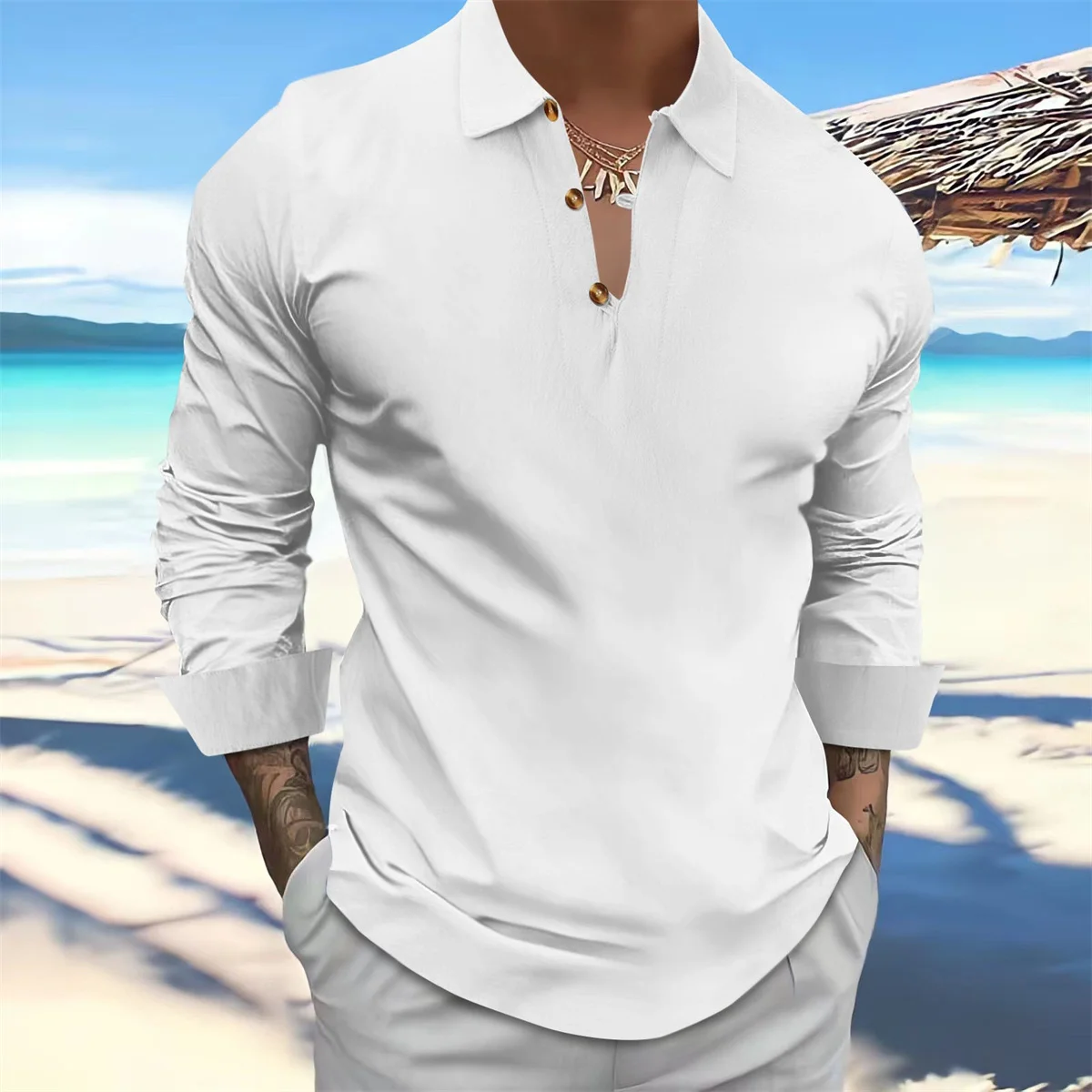 

Autumn Men's Boutique Simple Solid Color V-neck Outdoor Sports Exercise Jogging Leisure Beach Vacation Linen Men's Shirt