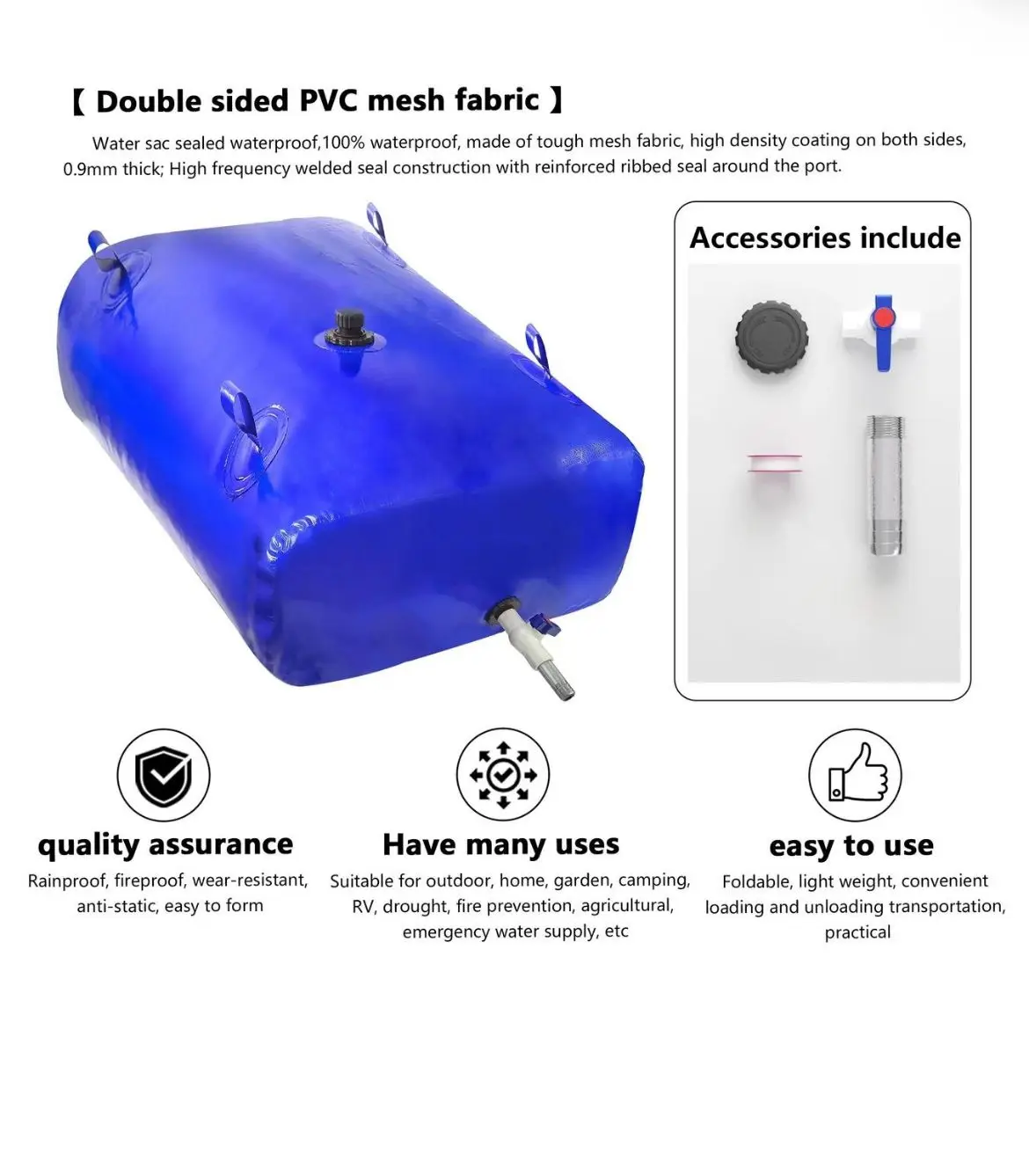 The foldable design of the 65-gallon/240L water storage bag is suitable for outdoor and portable garden irrigation.