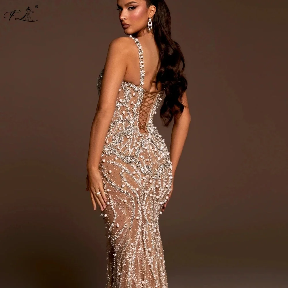 Sexy luxuriöses Abendkleid mit Strass, Champagner-Tüllkleid mit Schleppe, Meerjungfrauenkleid mit Spaghettiträgern, Cocktailkleid
