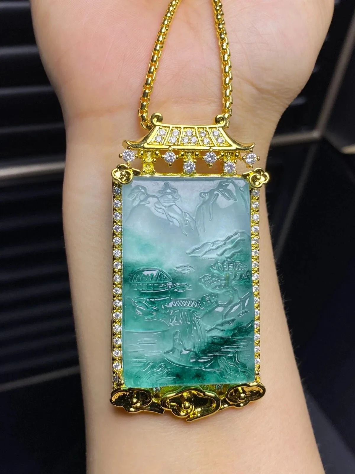 Real Natural High Ice Green Jade Jadeite landscape Pendant & Necklaces Landscape