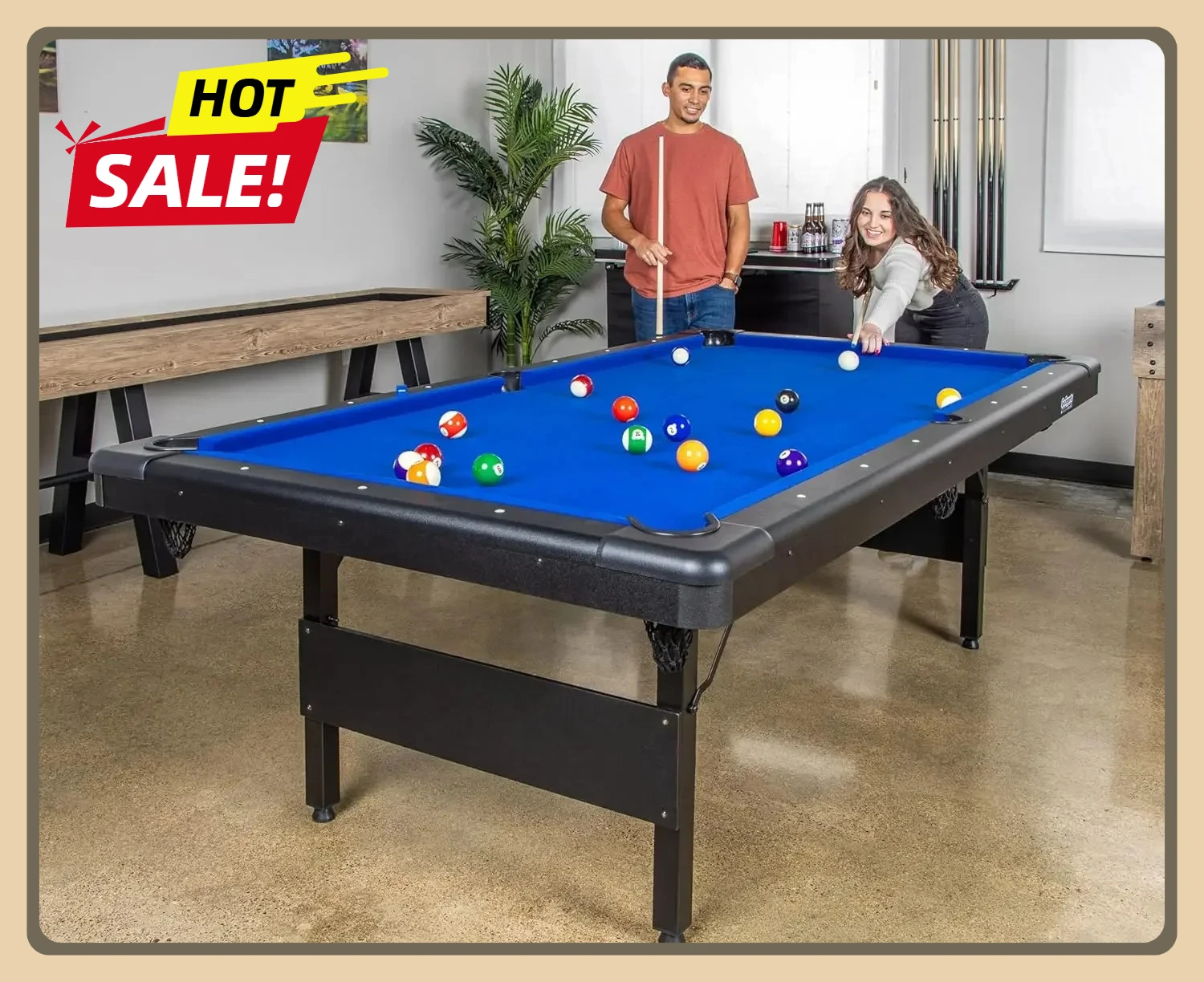 

8 ft Billiards Table, Chalk and Felt Brush - Portable Pool Table, 2 Cue Sticks - Includes Full Set of Balls