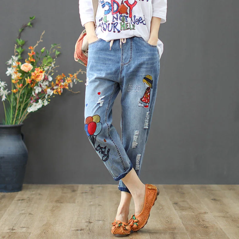 

Women's Jeans Summer Women Vintagw Embroidery Denim Pants High Waist Pantalon Jean Mujer Cropped Jeans Trousers Woman