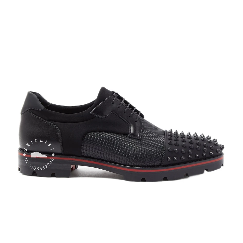 Black Studded Round Toe Sneakers Designer Luxury Style Casual Shoes Punk Rivet Black Red Leather Splicing Lace Up Shoes for Men